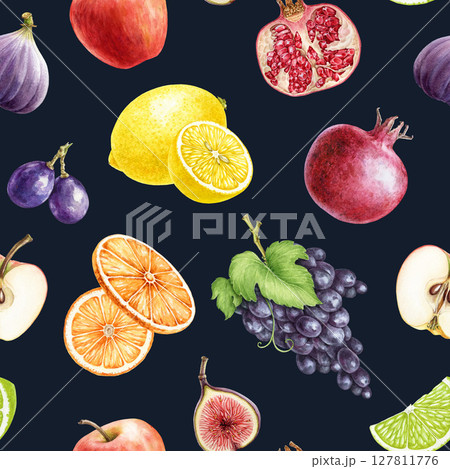 Fresh fruits seamless pattern on dark background. Bright juicy various organic fruit watercolor illustration. Hand drawn apple, orange, lime, lemon, grapes, fig seamless pattern design element 127811776