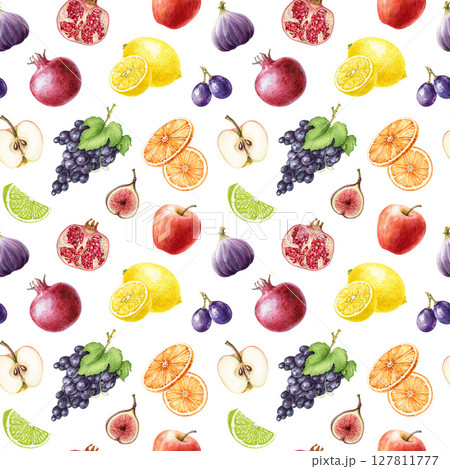 Fresh fruit decor element seamless pattern. Bright juicy different fruits watercolor illustration on white background. Hand drawn apple, orange, lime, lemon, grapes, fig seamless pattern design 127811777