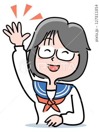 メガネの中学生女子-手をあげる 127811854