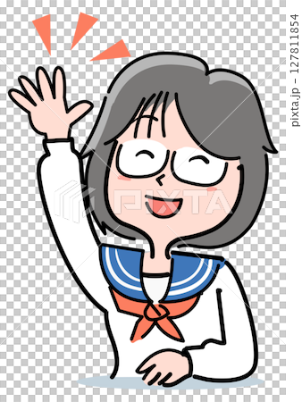 メガネの中学生女子-手をあげる 127811854