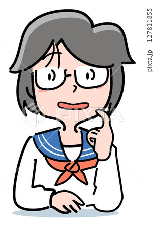 メガネの中学生女子-指で頬を掻く 127811855