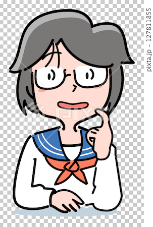 メガネの中学生女子-指で頬を掻く 127811855