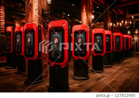 Red Interactive Kiosks Line Dark Wooden Floor 127812005