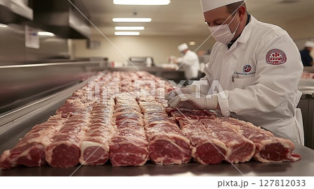Chef in Mask Prepares Rows of Raw Meat in Commercial Kitchen 127812033
