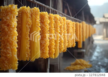 Golden Pasta Strands Air Drying in Rustic Setting Golden Pasta Strands Air Drying in Rustic Setting 127812048