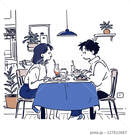 テーブルを挟んで食事する2人のイラスト 127812687