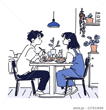 テーブルを挟んで食事する2人のイラスト 127812688
