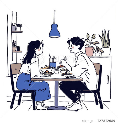 テーブルを挟んで食事する2人のイラスト 127812689