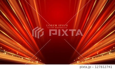 Abstract glowing light rays with golden line, shine dot effect and glitter light decoration on red background Abstract glowing light rays with golden line, shine dot effect and glitter light decoration on red background 127812741