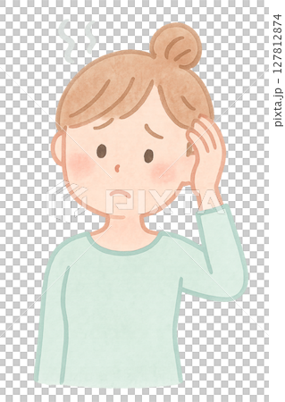 Illustration of a woman suffering from headache or poor physical condition, watercolor style, worried expression 127812874