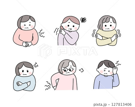 ゆるかわいい手描き風の高齢女性／体と心の不調	 127813406