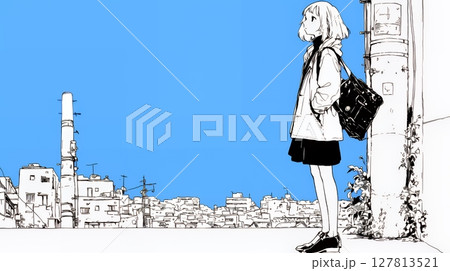若い女性が佇む都市の街角（シンプルな色使い）
