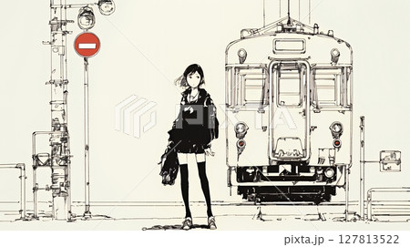若い女性が佇む都市の街角（シンプルな色使い）