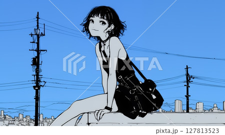 若い女性が佇む都市の街角（シンプルな色使い）
