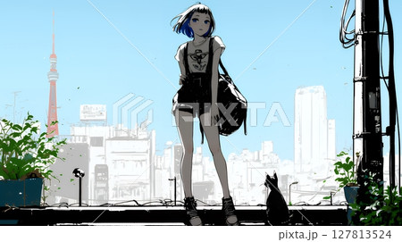 若い女性が佇む都市の街角（シンプルな色使い）
