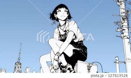 若い女性が佇む都市の街角（シンプルな色使い）