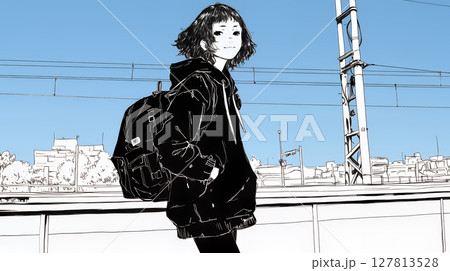 若い女性が佇む都市の街角（シンプルな色使い）