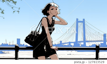 若い女性が佇む都市の街角（シンプルな色使い）