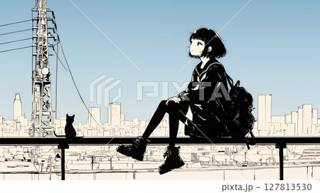 若い女性が佇む都市の街角（シンプルな色使い）