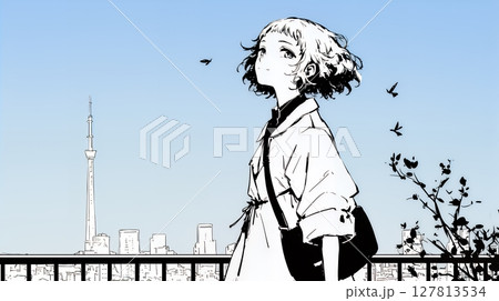 若い女性が佇む都市の街角（シンプルな色使い）