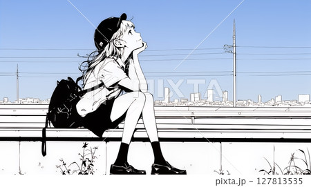若い女性が佇む都市の街角（シンプルな色使い）