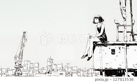 若い女性が佇む都市の街角（シンプルな色使い）