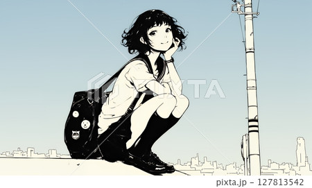 若い女性が佇む都市の街角（シンプルな色使い）