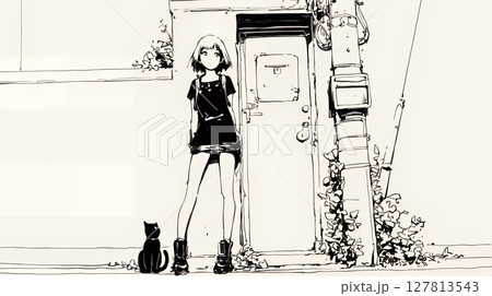 若い女性が佇む都市の街角（シンプルな色使い）