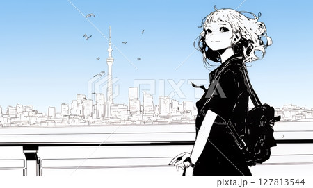 若い女性が佇む都市の街角（シンプルな色使い）