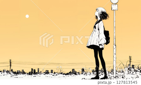 若い女性が佇む都市の街角（シンプルな色使い）