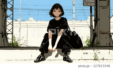 若い女性が佇む都市の街角（シンプルな色使い）