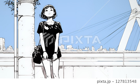 若い女性が佇む都市の街角（シンプルな色使い）