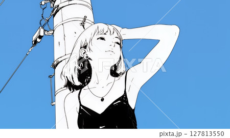若い女性が佇む都市の街角（シンプルな色使い）