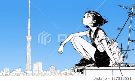 若い女性が佇む都市の街角（シンプルな色使い）