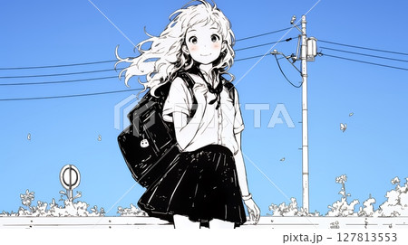若い女性が佇む都市の街角（シンプルな色使い）