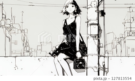 若い女性が佇む都市の街角（シンプルな色使い）