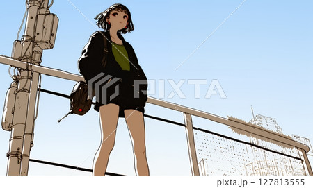 若い女性が佇む都市の街角（シンプルな色使い）