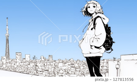 若い女性が佇む都市の街角（シンプルな色使い）