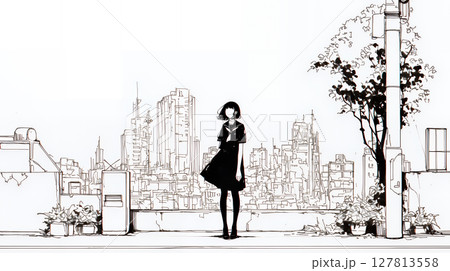 若い女性が佇む都市の街角（シンプルな色使い）