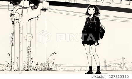 若い女性が佇む都市の街角（シンプルな色使い）