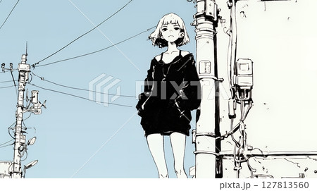 若い女性が佇む都市の街角（シンプルな色使い）