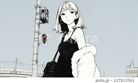 若い女性が佇む都市の街角（シンプルな色使い）