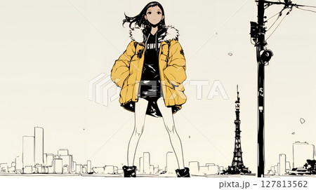 若い女性が佇む都市の街角（シンプルな色使い）