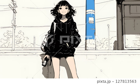 若い女性が佇む都市の街角（シンプルな色使い）