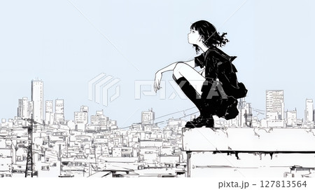 若い女性が佇む都市の街角（シンプルな色使い）