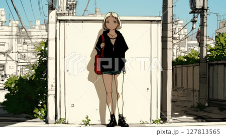 若い女性が佇む都市の街角（シンプルな色使い）