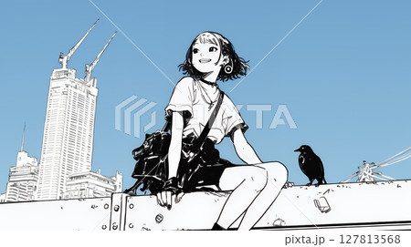 若い女性が佇む都市の街角（シンプルな色使い）