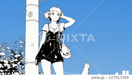 若い女性が佇む都市の街角（シンプルな色使い）