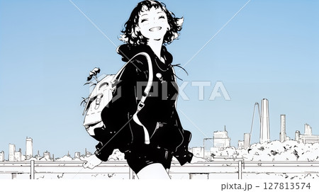 若い女性が佇む都市の街角（シンプルな色使い）