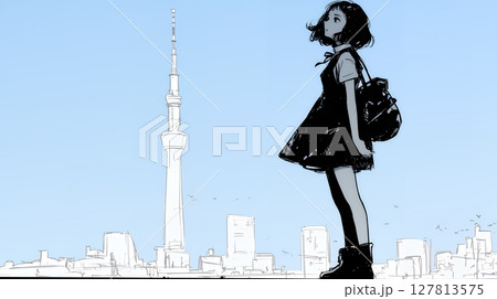 若い女性が佇む都市の街角（シンプルな色使い）